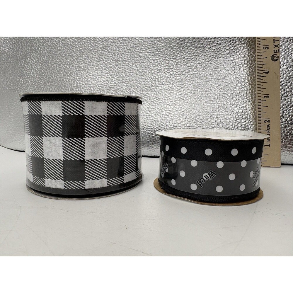 NEW Lot 2 Black White Ribbon Spools Buffalo Plaid Polka Dot Offray Wreath